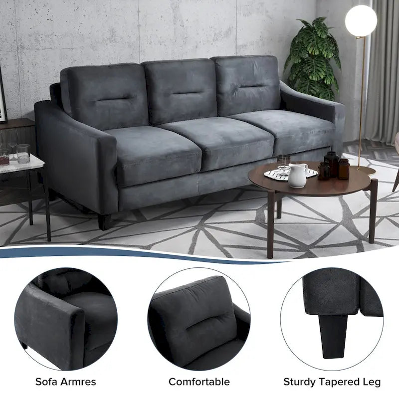 76.7 Inch Black Velvet 3-Seater Sofa with Solid Wood Frame and High-Density Foam
