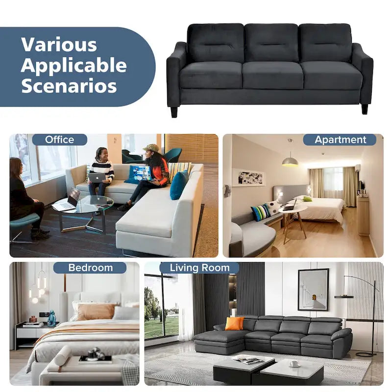 76.7 Inch Black Velvet 3-Seater Sofa with Solid Wood Frame and High-Density Foam