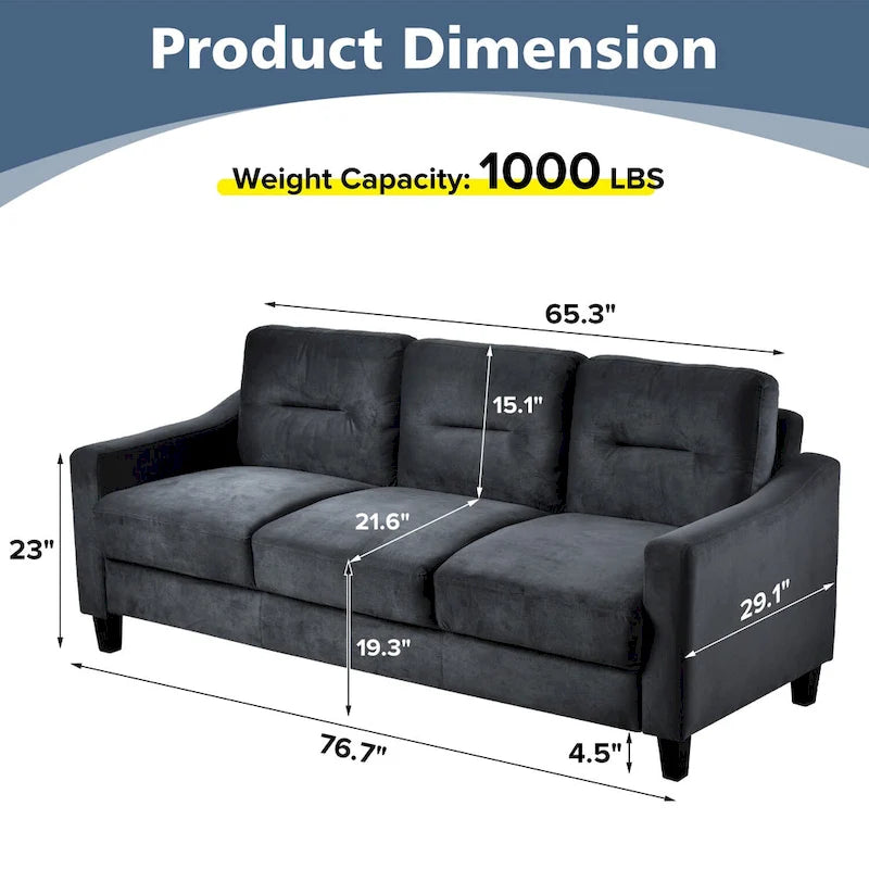 76.7 Inch Black Velvet 3-Seater Sofa with Solid Wood Frame and High-Density Foam