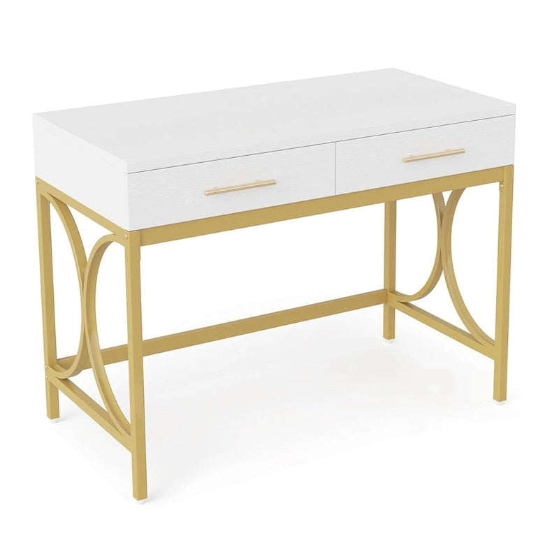 Computer Office Writing Desk, 41 Inch White Top, 2 Drawers, Gold Base