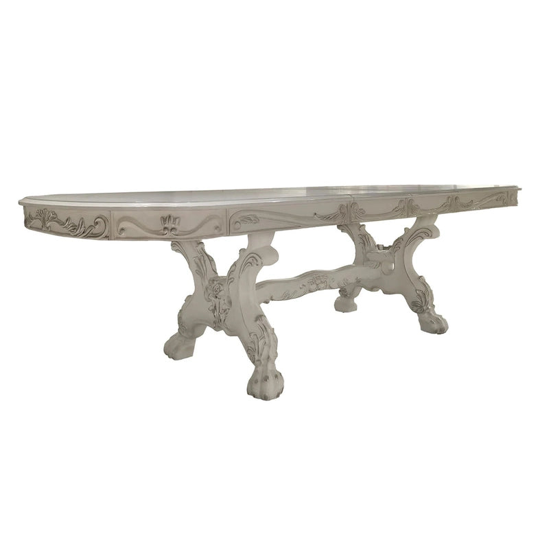 Extendable Dining Table 94-136 Inch, Bone White Wood, Double Pedestal Base