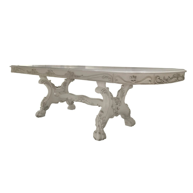 Extendable Dining Table 94-136 Inch, Bone White Wood, Double Pedestal Base