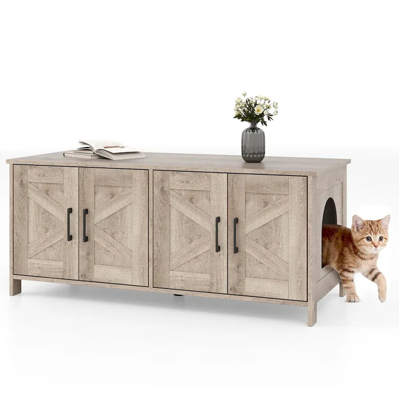 Double Room Wood Cat Litter Box Cabinet for 2 Cats - White and Oak
