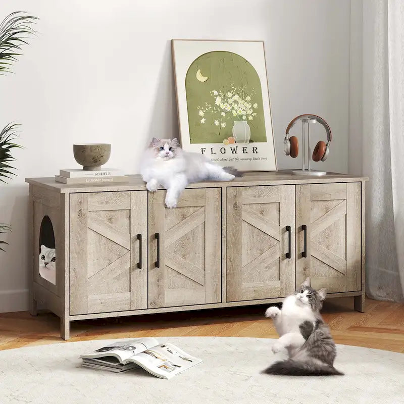 Katzenklo-Schrank aus Holz mit zwei Bereichen für 2 Katzen - Weiß und Eiche