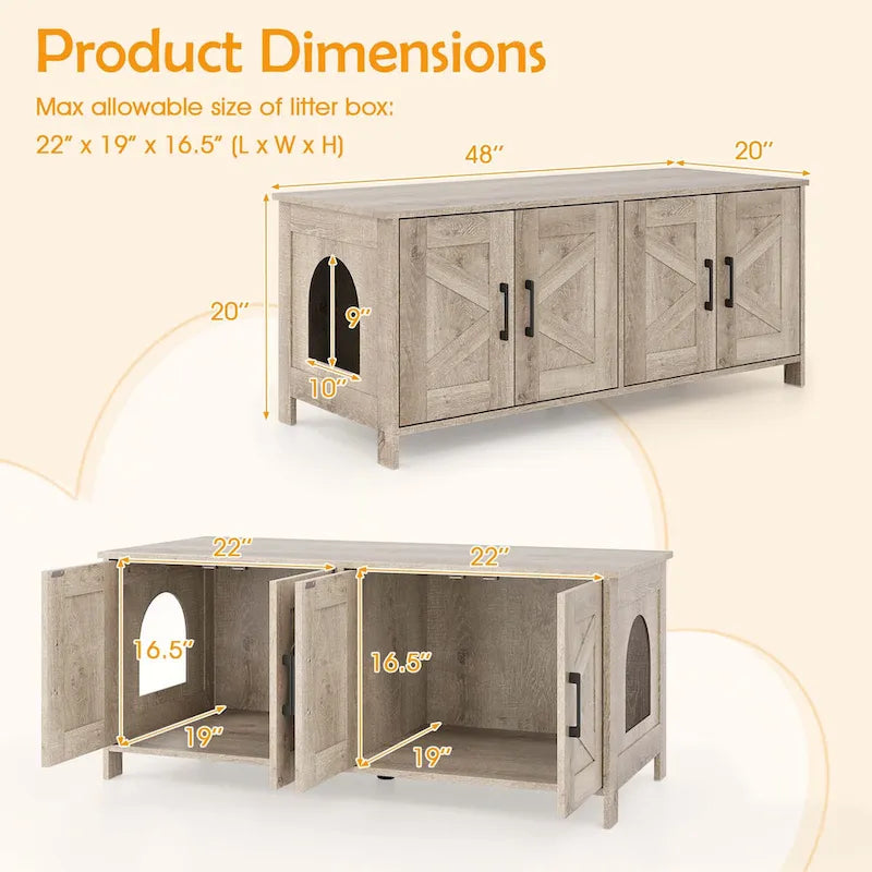 Double Room Wood Cat Litter Box Cabinet for 2 Cats - White and Oak