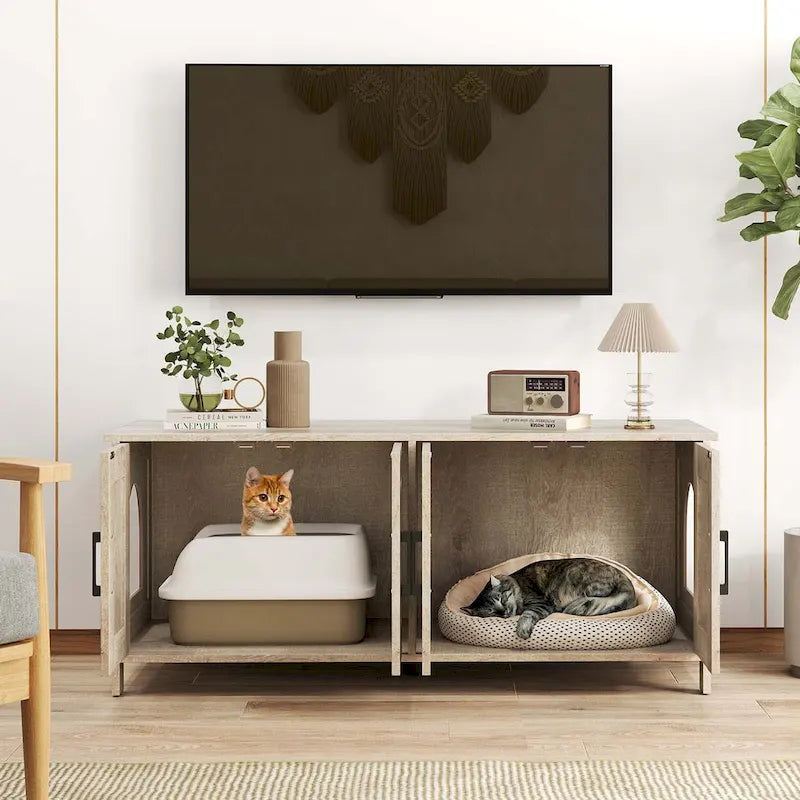 Double Room Wood Cat Litter Box Cabinet for 2 Cats - White and Oak