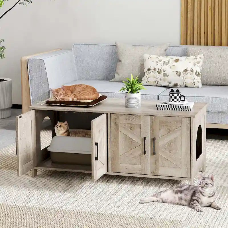 Katzenklo-Schrank aus Holz mit zwei Bereichen für 2 Katzen - Weiß und Eiche
