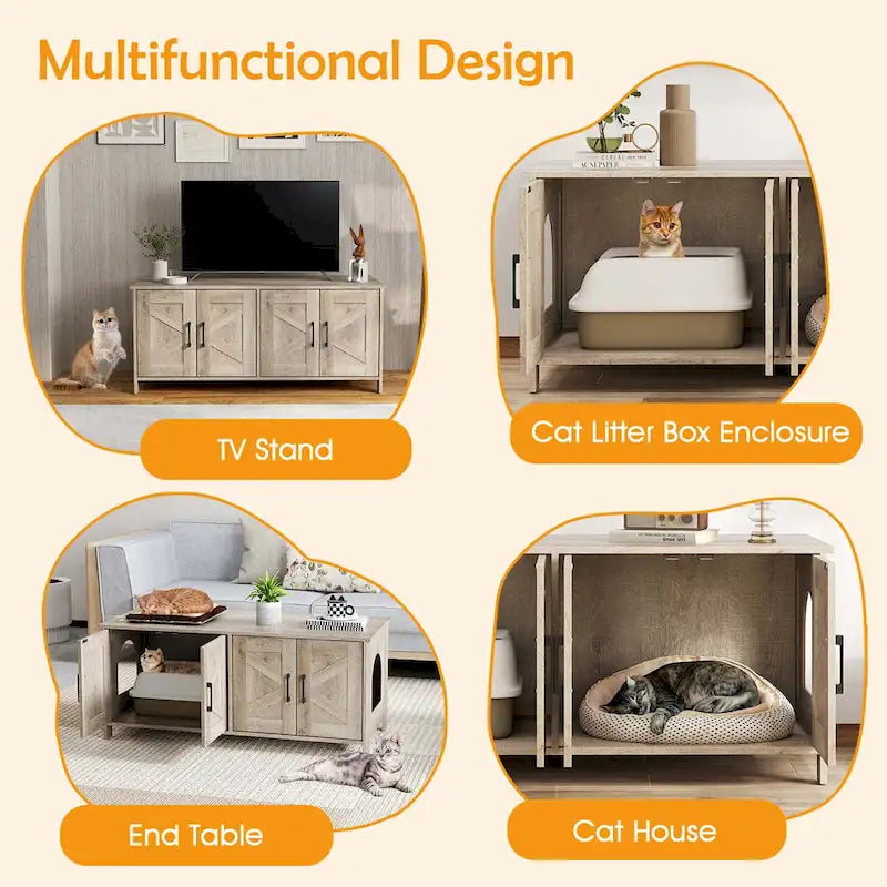 Katzenklo-Schrank aus Holz mit zwei Bereichen für 2 Katzen - Weiß und Eiche