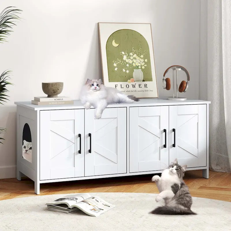 Katzenklo-Schrank aus Holz mit zwei Bereichen für 2 Katzen - Weiß und Eiche