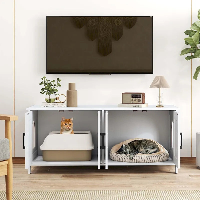 Katzenklo-Schrank aus Holz mit zwei Bereichen für 2 Katzen - Weiß und Eiche