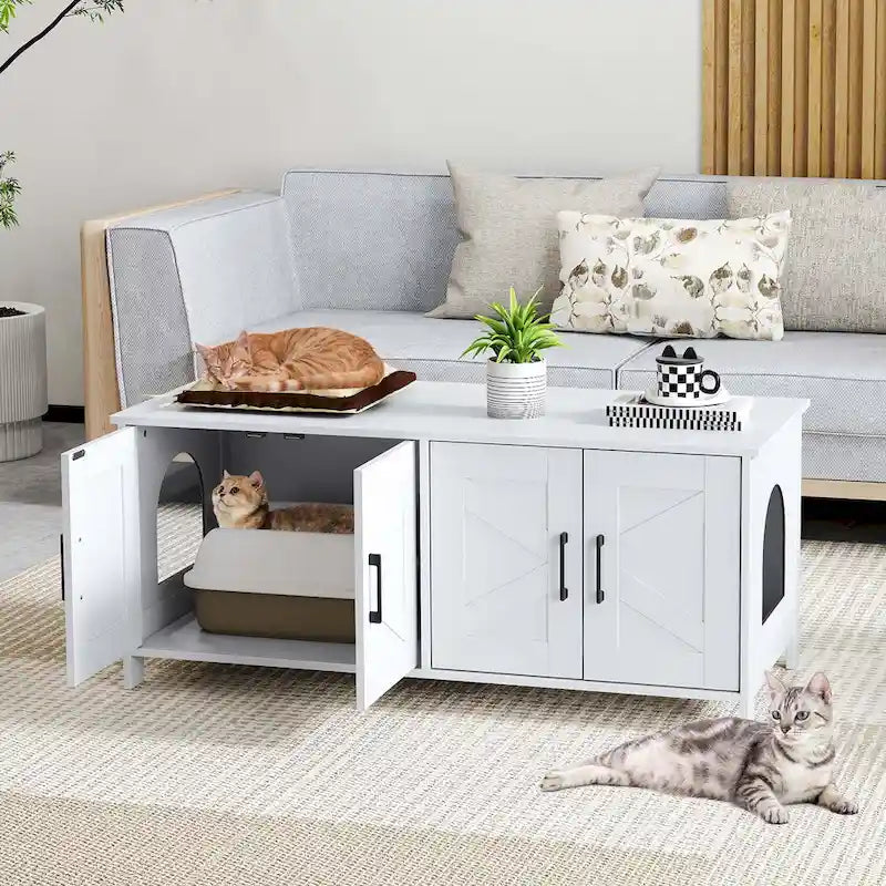 Katzenklo-Schrank aus Holz mit zwei Bereichen für 2 Katzen - Weiß und Eiche