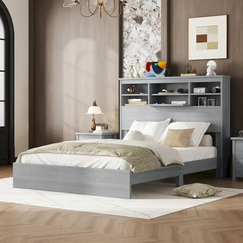 Queen Size Platform Bed with Storage Headboard and USB Charging Ports
