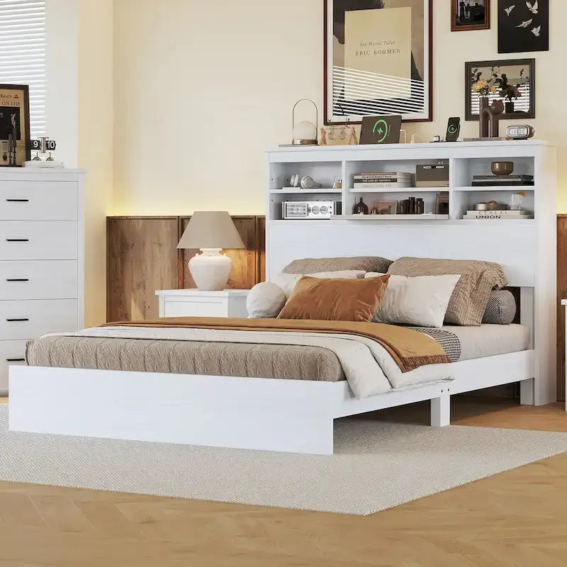 Queen Size Platform Bed with Storage Headboard and USB Charging Ports