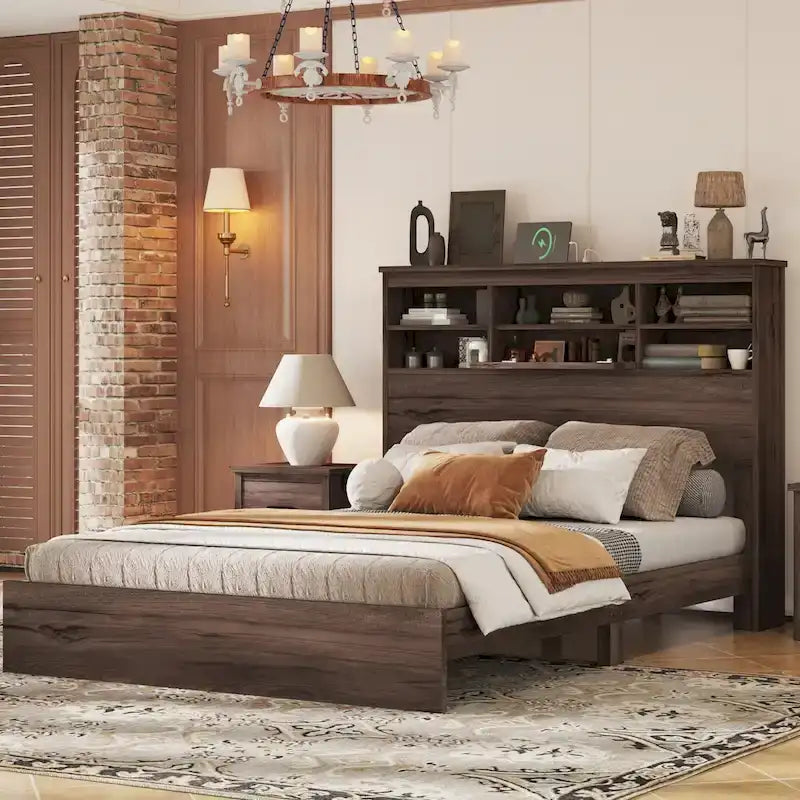 Queen Size Platform Bed with Storage Headboard and USB Charging Ports