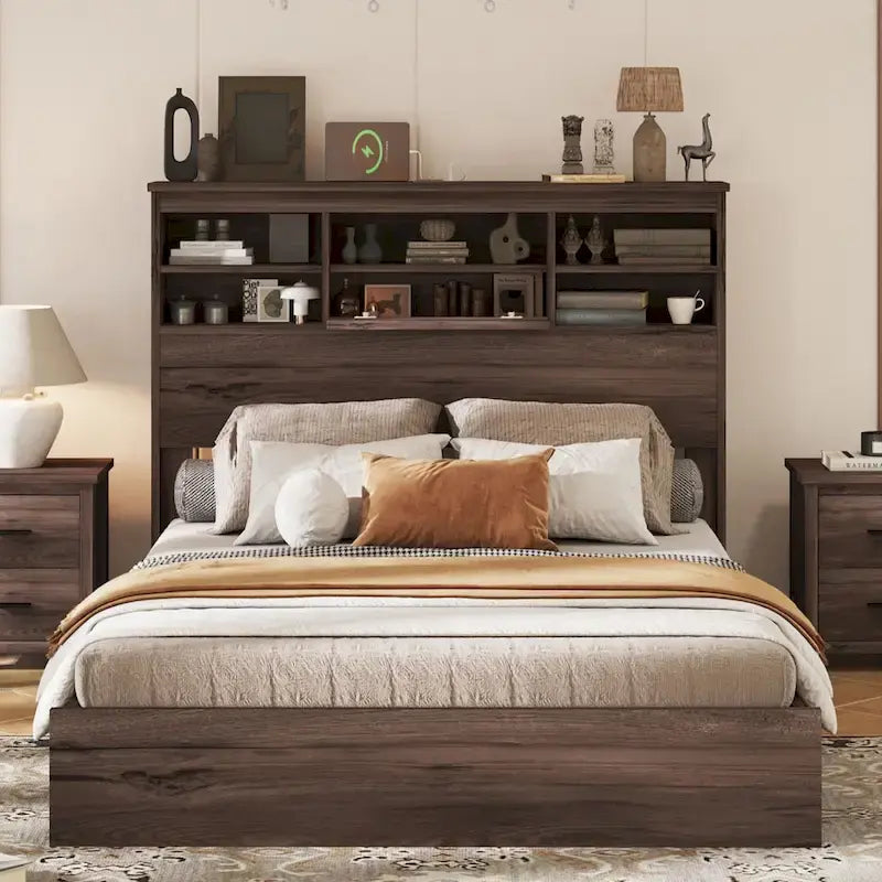 Queen Size Platform Bed with Storage Headboard and USB Charging Ports