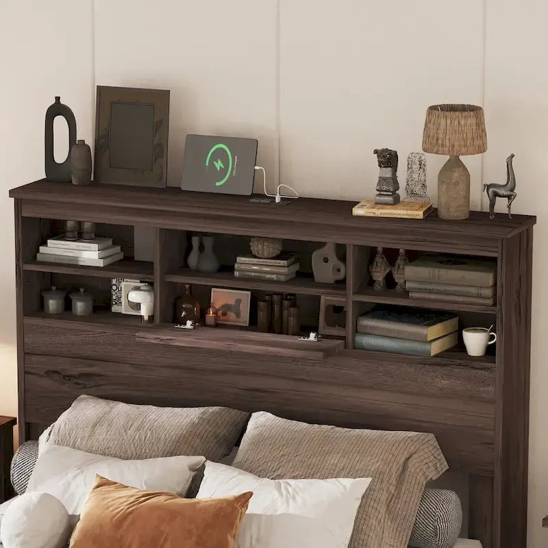 Queen Size Platform Bed with Storage Headboard and USB Charging Ports