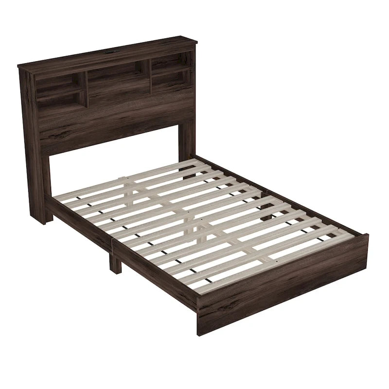 Queen Size Platform Bed with Storage Headboard and USB Charging Ports