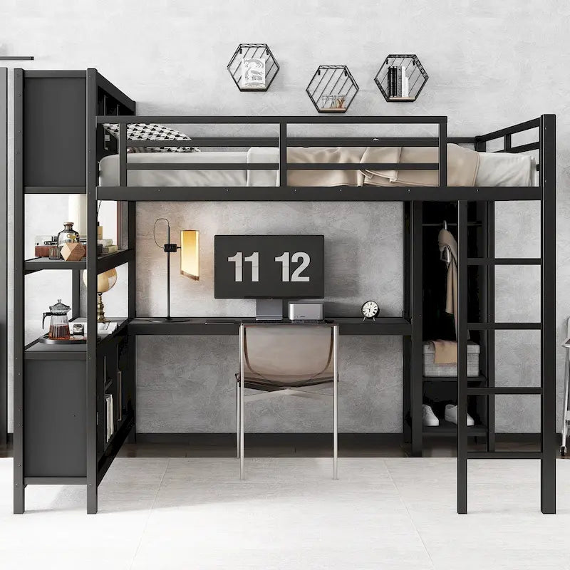 Metal Loft Bed with L-Shaped Desk and Wardrobe - Full and Queen Size
