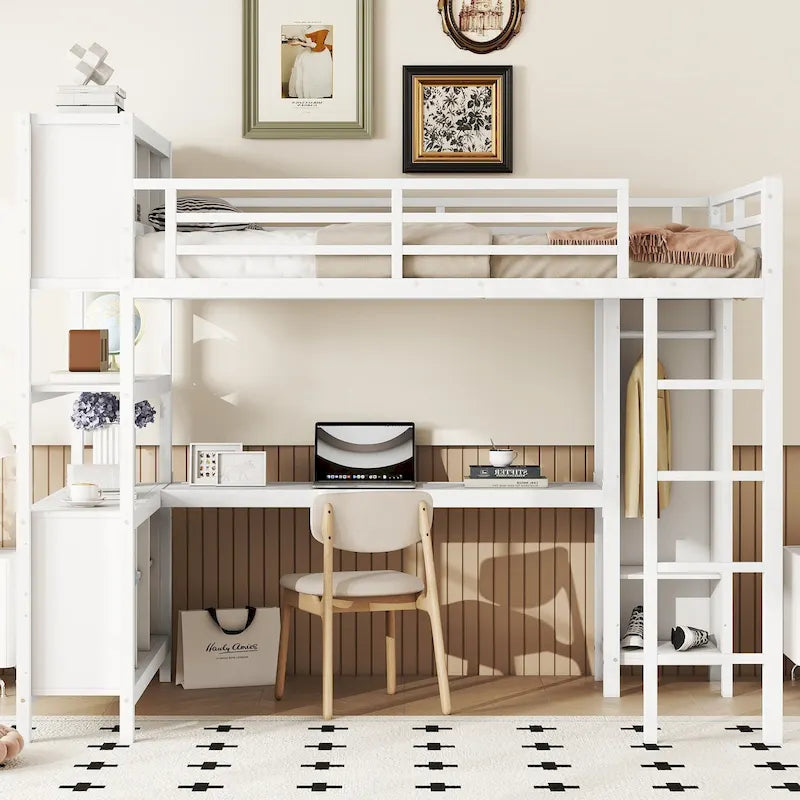Metal Loft Bed with L-Shaped Desk and Wardrobe - Full and Queen Size
