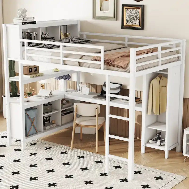 Metal Loft Bed with L-Shaped Desk and Wardrobe - Full and Queen Size