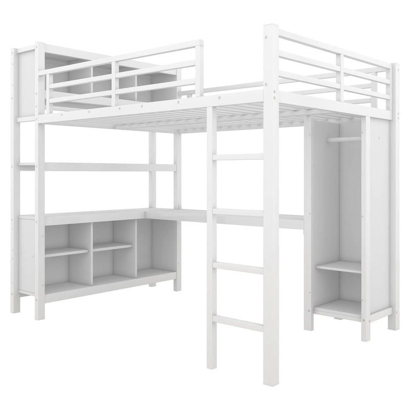 Metal Loft Bed with L-Shaped Desk and Wardrobe - Full and Queen Size
