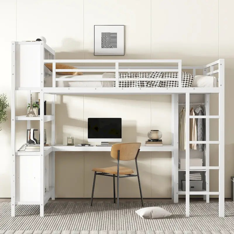 Metal Loft Bed with L-Shaped Desk and Wardrobe - Full and Queen Size