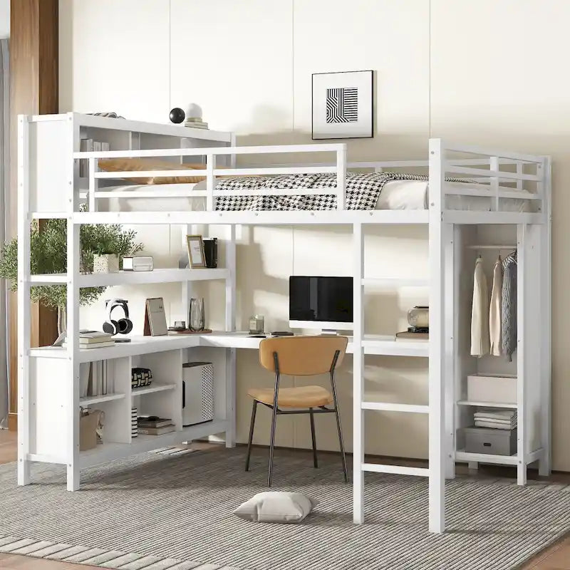 Metal Loft Bed with L-Shaped Desk and Wardrobe - Full and Queen Size