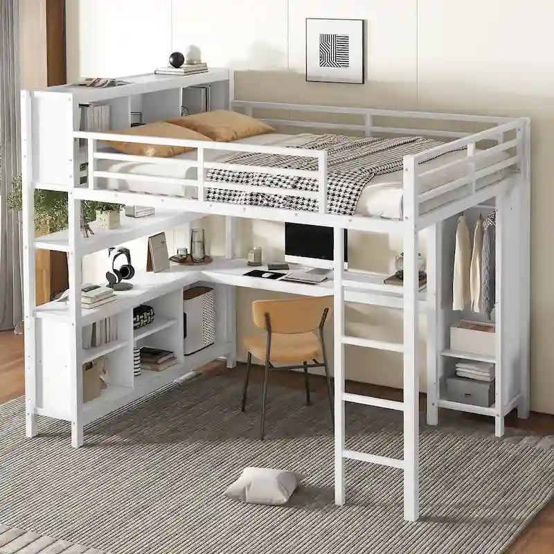 Metal Loft Bed with L-Shaped Desk and Wardrobe - Full and Queen Size