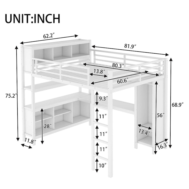 Metal Loft Bed with L-Shaped Desk and Wardrobe - Full and Queen Size