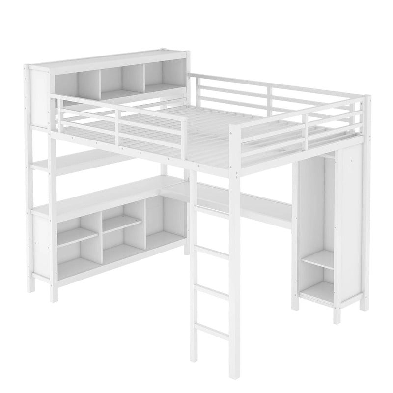 Metal Loft Bed with L-Shaped Desk and Wardrobe - Full and Queen Size
