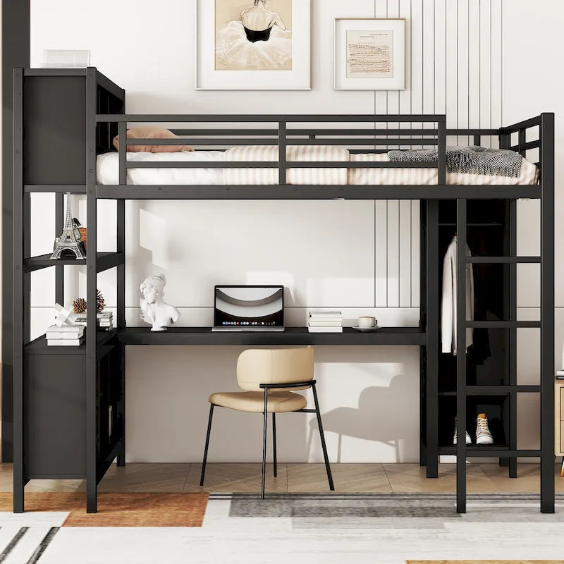 Metal Loft Bed with L-Shaped Desk and Wardrobe - Full and Queen Size