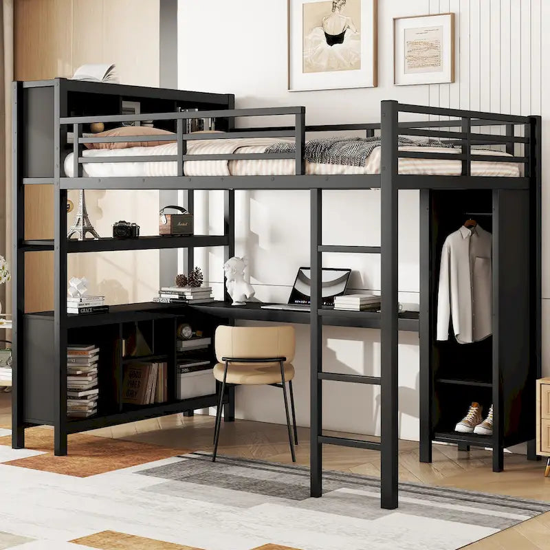 Metal Loft Bed with L-Shaped Desk and Wardrobe - Full and Queen Size
