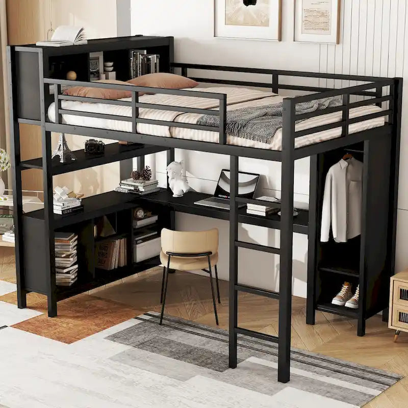 Metal Loft Bed with L-Shaped Desk and Wardrobe - Full and Queen Size