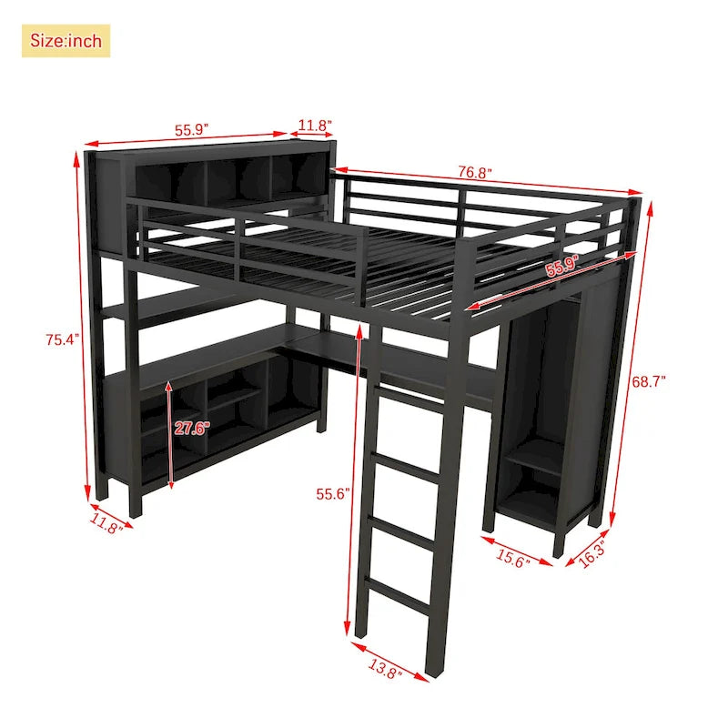Metal Loft Bed with L-Shaped Desk and Wardrobe - Full and Queen Size