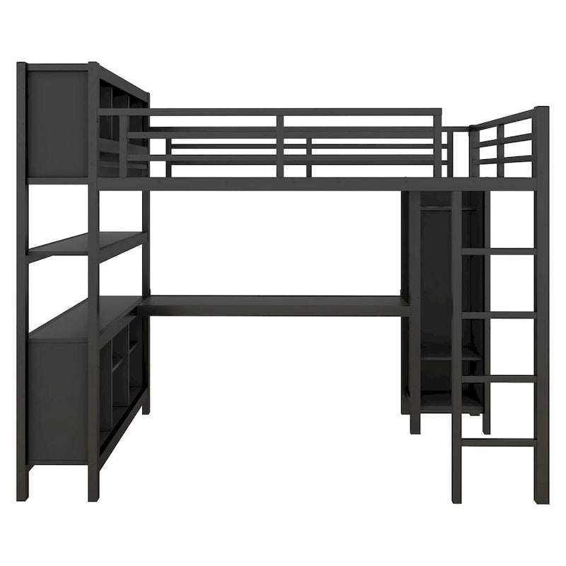 Metal Loft Bed with L-Shaped Desk and Wardrobe - Full and Queen Size