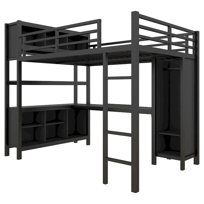 Metal Loft Bed with L-Shaped Desk and Wardrobe - Full and Queen Size