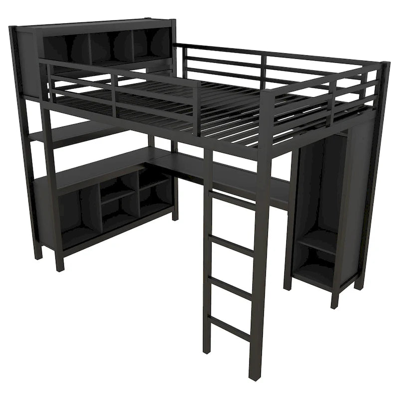 Metal Loft Bed with L-Shaped Desk and Wardrobe - Full and Queen Size