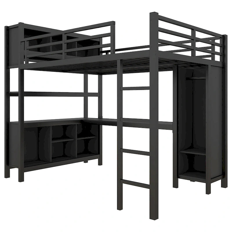 Metal Loft Bed with L-Shaped Desk and Wardrobe - Full and Queen Size