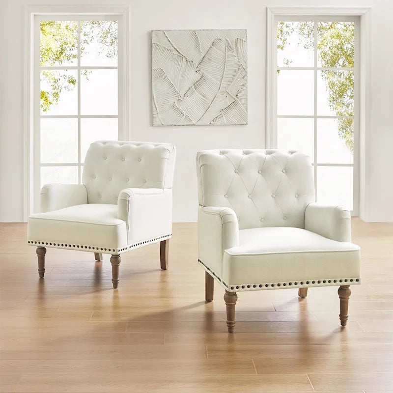 Set of 2 Button Tufted Accent Armchairs with Nailhead Trim and Wood Legs