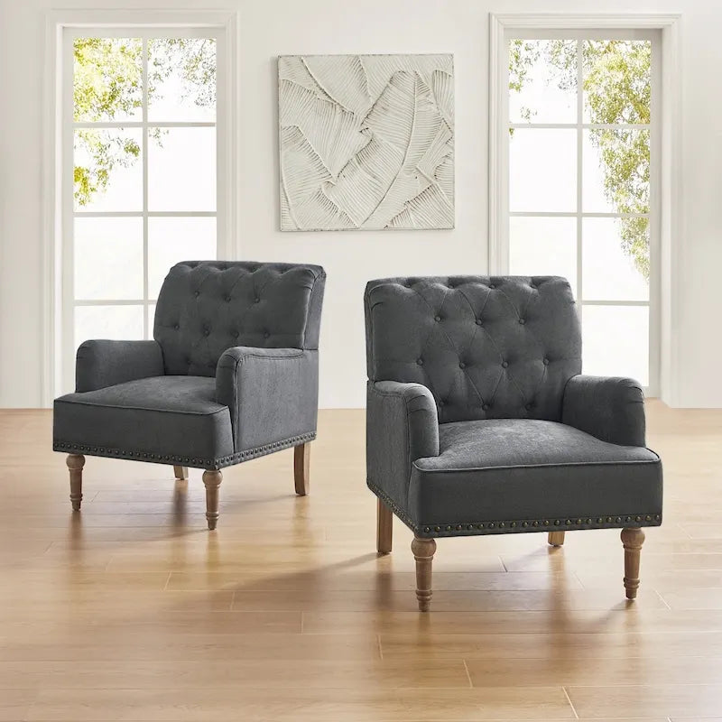 Set of 2 Button Tufted Accent Armchairs with Nailhead Trim and Wood Legs