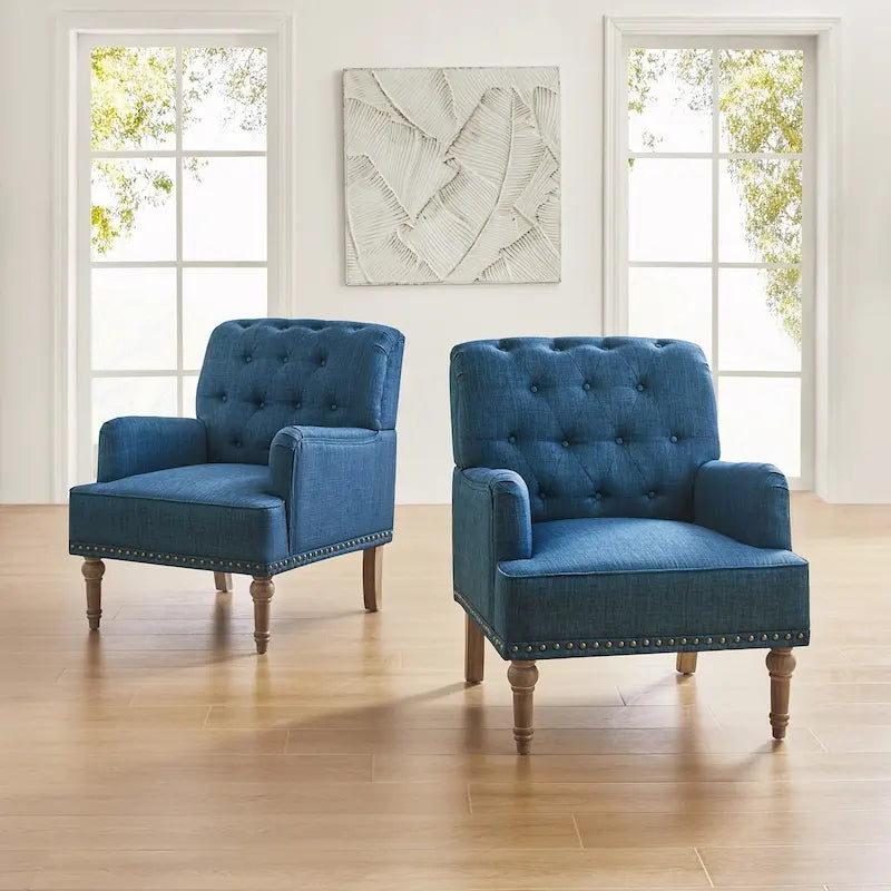 Set of 2 Button Tufted Accent Armchairs with Nailhead Trim and Wood Legs