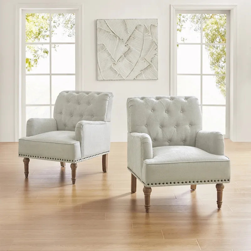 Set of 2 Button Tufted Accent Armchairs with Nailhead Trim and Wood Legs