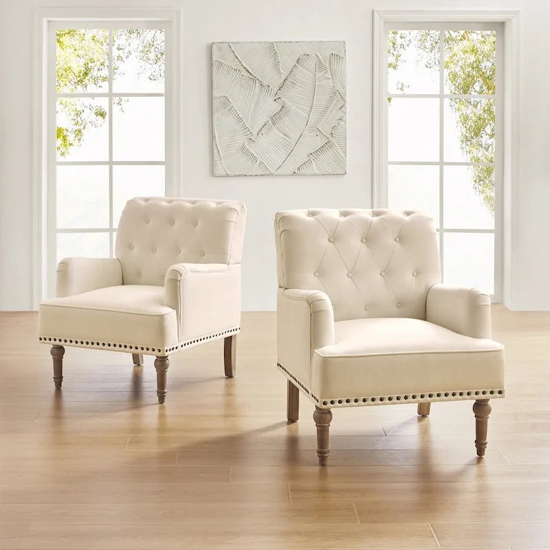 Set of 2 Button Tufted Accent Armchairs with Nailhead Trim and Wood Legs