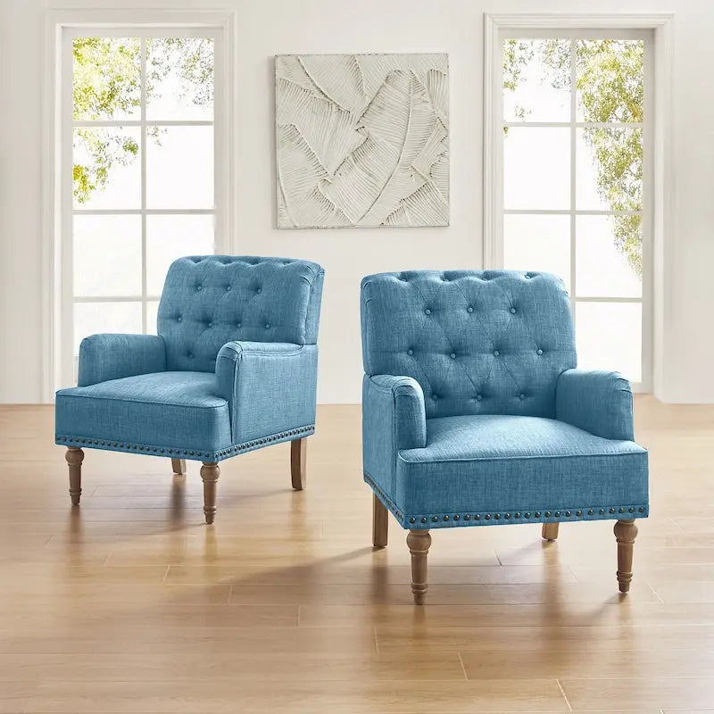 Set of 2 Button Tufted Accent Armchairs with Nailhead Trim and Wood Legs
