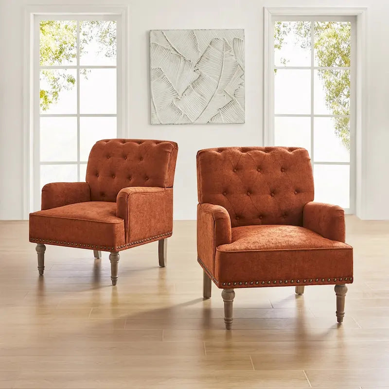 Set of 2 Button Tufted Accent Armchairs with Nailhead Trim and Wood Legs