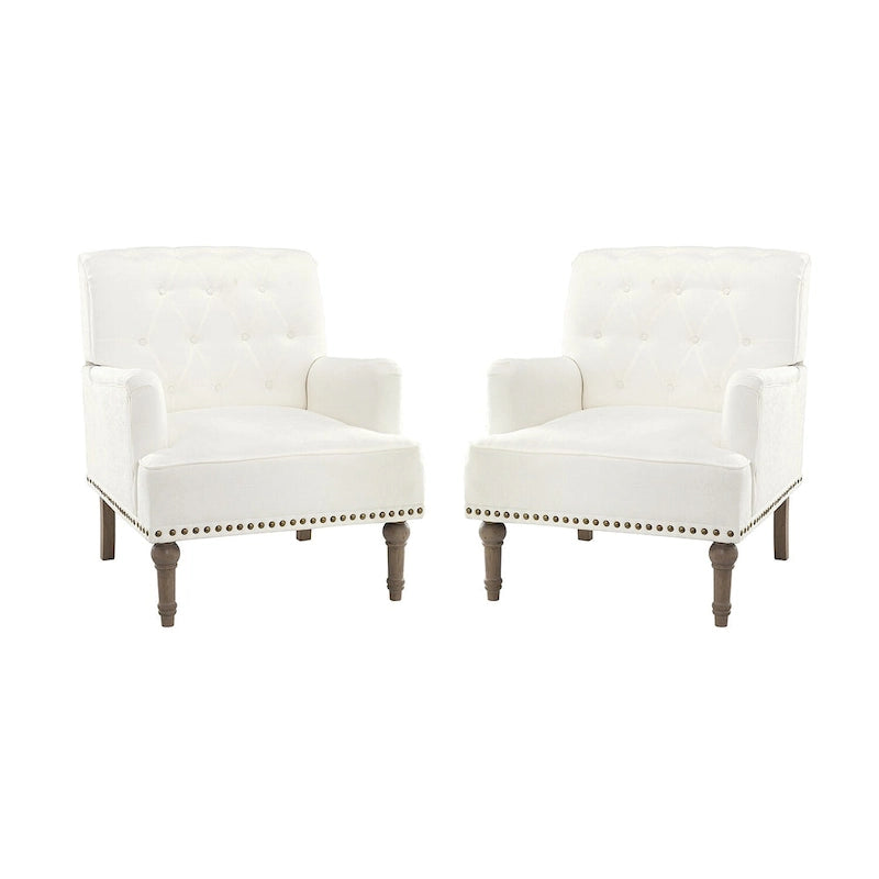 Set of 2 Button Tufted Accent Armchairs with Nailhead Trim and Wood Legs