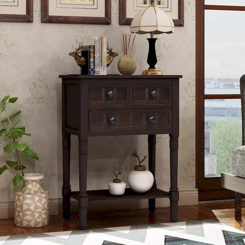 Table console étroite, table de canapé mince avec trois tiroirs de rangement et étagère inférieure - 23.7L x 13W x 31.1H