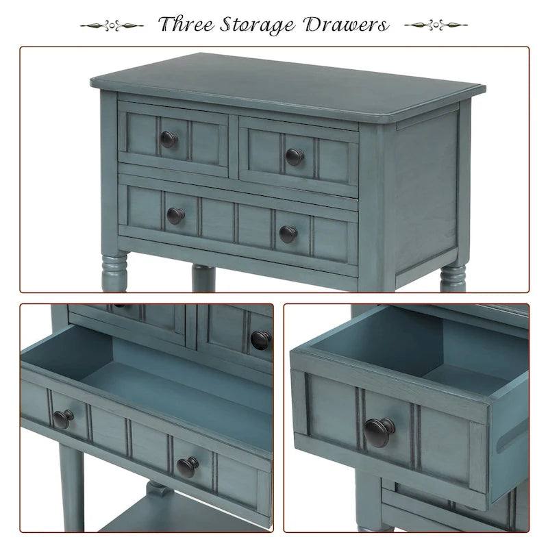 Table console étroite, table de canapé mince avec trois tiroirs de rangement et étagère inférieure - 23.7L x 13W x 31.1H