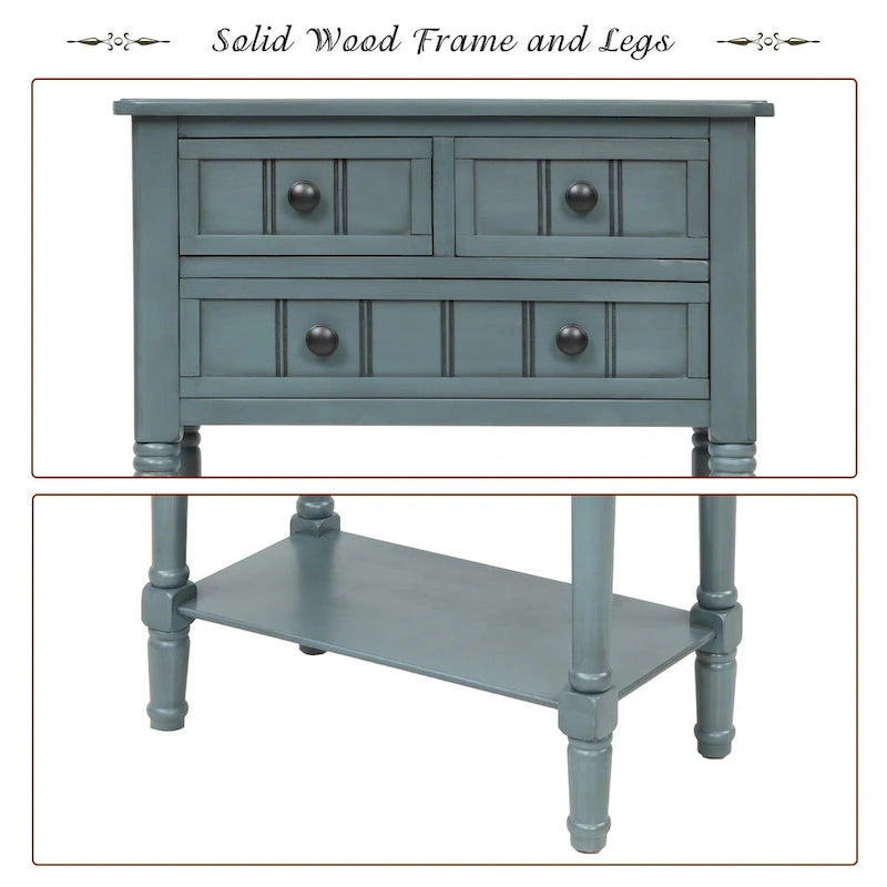 Table console étroite, table de canapé mince avec trois tiroirs de rangement et étagère inférieure - 23.7L x 13W x 31.1H