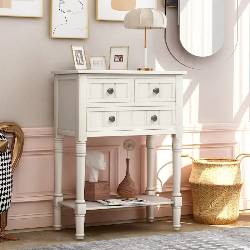 Table console étroite, table de canapé mince avec trois tiroirs de rangement et étagère inférieure - 23.7L x 13W x 31.1H